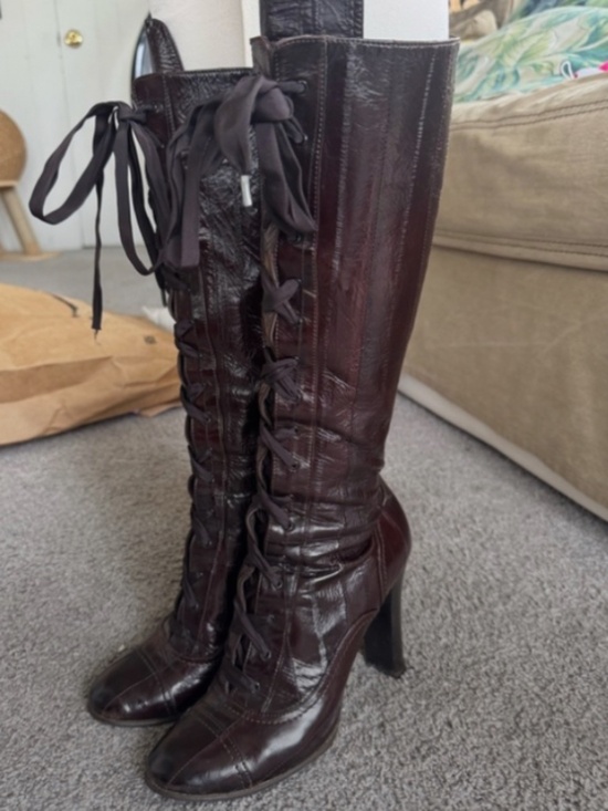 Burberry Shoes - Burberry Dark Brown Lace-Up Knee-High Heeled Boots